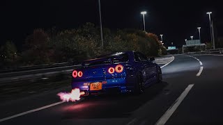 Nissan R34 GTR Skyline Night Drive  Shoots Flames 4K [upl. by Margaret580]