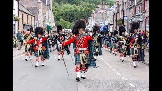 Massed Pipes amp Drums parade through Deeside town to start the Ballater Highland Games 2018 [upl. by Colly420]