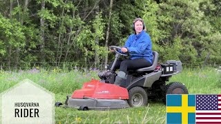 Husqvarna Rider klipper smörblommor  cutting buttercup flowers [upl. by Ttoille]