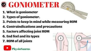 Goniometer  Types of goniometer  Factors affecting joint ROM  End feel and its types  ROM Chart [upl. by Shifra592]