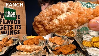 ASMR MUKBANG WINGSTOP CRISPY CHICKEN TENDERS BONELESS WINGS amp FRENCH FRIES  WITH RANCH amp CAJUN CORN [upl. by Suinotna630]