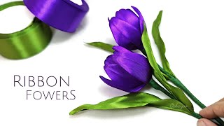 DIYhow to make satin ribbon flowers tulips easily [upl. by Nonnahs555]