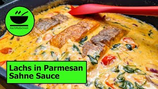 Lecker Lachs in Parmesan Sahne Sauce mit Spinat 🥬 und Tomaten 🍅 von KochMalSchnell [upl. by Pik]