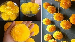 How to make PomPom Style Plastic Marigold Garland Flower Toran Centerpiece Handmade Decor Festiv DIY [upl. by Yde]