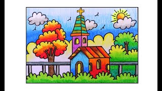 HOW TO DRAW CHURCHEASY CHURCH DRAWINGCHURCH DRAWINGCHURCH SCENERY DRAWINGCHURCH COLOR DRAWING [upl. by Ad]