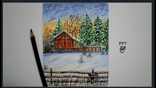 Snowy Winter Landscape with colored pencils  step by step pencil drawing [upl. by Ervin]