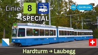 🇨🇭SPECIAL Zürich VBZ Tramlinie 8  Hardturm  Laubegg 4K [upl. by Hawken]