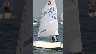 Tall Belgian U16 between Brits and Dutch maneuvers jumping on a optimist sailboat [upl. by Hutton]