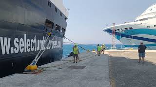 Cruise ship bring along side with help of mooring ropes [upl. by Carol]