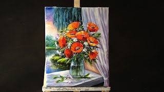 Bouquet Of Poppies In Glass Vase On Windowsill Acrylic Painting [upl. by Yrelbmik]