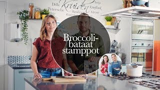 RECEPT Broccolibataat stamppot met zalm geitenkaas en walnoten  Bookspot chef van de maand [upl. by Kameko469]