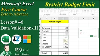 46 How to Restrict Budget using Data Validation  Microsoft Excel Free Course excel teacher [upl. by Eannyl]