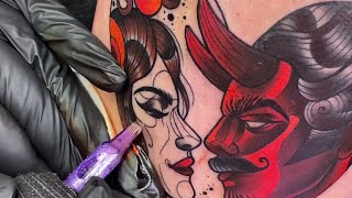 Lady amp Devil Neotraditional Tattoo Time lapse [upl. by Sibylle]