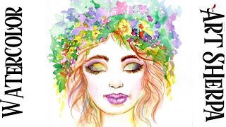 FLORAL FACE Easy How to Paint Watercolor Step by step  The Art Sherpa [upl. by Araf84]