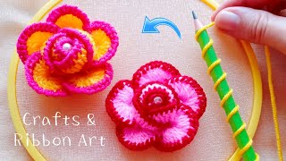 Amazing Woolen Rose Making Ideas with Pencil  Hand Embroidery Easy Trick  DIY Woolen Flowers [upl. by Favian]