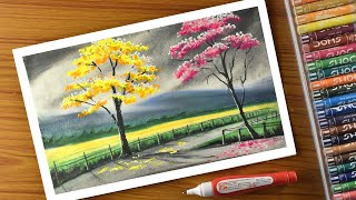 Landscape drawing with oil pastel Nature Trees Cherry blossom Pathwaystep by step [upl. by Barmen]