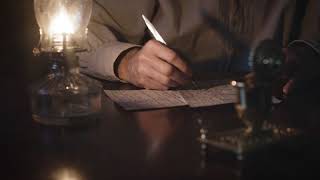 wide shot 1800s man writing with a dip pen at his desk 4k [upl. by Niuqauj]