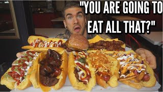 GIANT HOT DOG CHALLENGE  Chili Cheese Dogs Loaded Hot Dogs  Man Vs Food [upl. by Cayser]