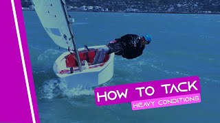 OPTIMIST SAILING  How To Tack  Heavy Conditions [upl. by Moll]