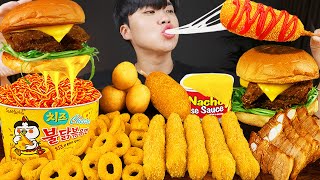 ASMR MUKBANG 직접 만든 치즈 햄버거 치즈스틱 불닭볶음면 핫도그 먹방 amp 레시피 FIRE NOODLES AND BURGER EATING SOUND [upl. by Asena]