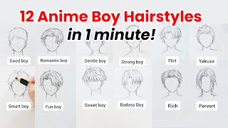 12 Anime boy hairstyle ideas compilation in 1 min  How to draw anime hair timelapse [upl. by Daegal]