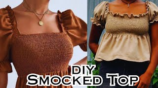 How to make Shirred Crop Top with a PUFF SLEEVES ❤️DIY Shirred Top  Smocked Top  🥰summer Top🥰 [upl. by Stace]