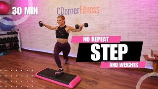 30Minute Step amp Strength NoRepeat Stepper Workout with Weights [upl. by Massey]