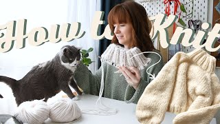 Knit a Cozy Sweater in One Piece  Beginner Friendly Knitting in the Round DIY Tutorial Part 1 [upl. by Drawoh]