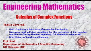 1 Calculus of Complex Functions  Limit  Continuity  C R Equations  Prof Sunil  NIT Hamirpur [upl. by Cindee914]