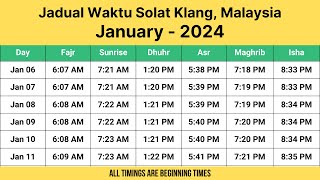 Jadual Waktu Solat Klang Malaysia January  2024  Klang Prayer Times [upl. by Atteiluj51]