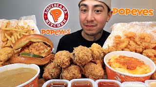 MUKBANG EATING Popeyes FRIED Chicken SPICY Chicken Sandwich Mac amp Cheese With EXTRA Gravy amp Fries [upl. by Patience570]