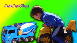 Toy Trucks in ACTION Bruder Cement Mixer  Mega Bloks CAT RideOn Excavator [upl. by Ellehcirt]