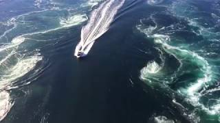 Boat cruising through Saltstraumen maelstrom near Bodø Norway [upl. by Belldas]