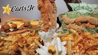 MUKBANG EATING WINGSTOP SAUCY VOODOO FRIES GARLIC PARMESAN CHICKEN CARLS JR EL DIABLO BURGER ASMR [upl. by Willetta]