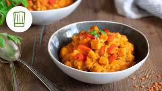 Veganes RoteLinsenCurry mit Süßkartoffeln  Chefkoch [upl. by Nace973]