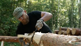 debarking first logs for my traditional log cabin  no talking [upl. by Yllim]