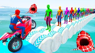 الأبطال الخارقين على القضبان دوامة قمع جسر  SPIDERMANon Motorcycle in Spiral Bridge Stunt Ride [upl. by Swarts]