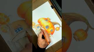 Drawing Pumpkin House with Colored Pencils Time Lapse Shorts [upl. by Ive]