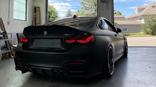 The Most Menacing M4 Ever Matte Black Vinyl Wrap  Lots of carbon fiber  Slammed [upl. by Aikram]