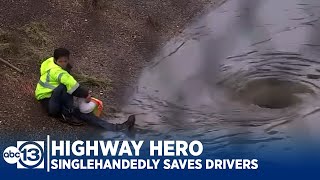 HIGHWAY HERO Faced with flood man singlehandedly saves motorists [upl. by Dnaloy]