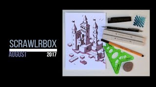 Scrawlrbox August 2017 unboxing review and speed drawing  isometric sketch  drawing a 3D castle [upl. by Berliner94]