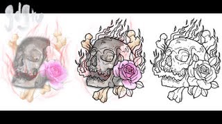 Tattoo Design Composition on Photoshop  Rose Flames Skull and Cross Bones [upl. by Annola410]