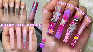 PURPLE amp PINK POLYGEL FREESTYLE✨ CHARM NAIL DESIGN amp EXTRA LONG POLYGEL NAILS  Nail Tutorial [upl. by Ojeitak852]