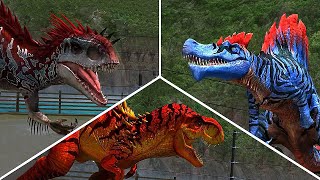 T REX VS INDOMINUS REX VS SPINOSAURUS  BATTLE  JURASSIC WORLD THE GAME [upl. by Rutan199]