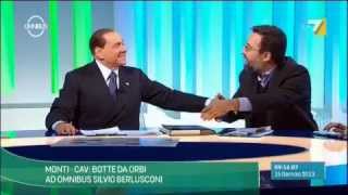 BERLUSCONI AD OMNIBUS quotPICCHIAquot DAMILANO CON CARTELLO SUI SUOI GOVERNI 15012013 [upl. by Enilasor]