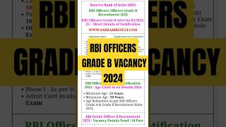 RBI Officers Grade B Vacancy 2024  RBI Officers Recruitment 2024 rbi rbigradeb job [upl. by Genaro]