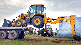 New JCB 3DX Xpert Unloading from Trailer with out Ramp and Truck Rescue by Same Jcb  New Jcb video [upl. by Ninazan]