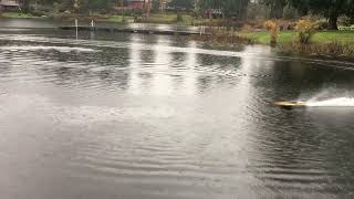 RC Boat in the pouring rain TPlus on 5s first run Hydroplane DPI [upl. by Oneal387]