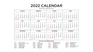 Year 2022 Calendar Printable with Holidays  Wiki Calendar [upl. by Pascal]