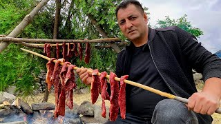 Smoking Beef Jerky in the Wilderness and Cooking Smoked Meat with Beans Outdoor [upl. by Adnohral703]